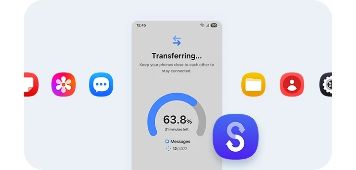 스마트폰 화면에 데이터 전송 과정이 표시되어 있고 주변에는 다채로운 앱 아이콘과 Smart Switch 로고가 함께 배치되어 있습니다.