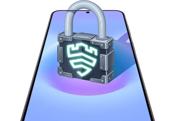 정면을 향해 세로 모드로 놓인 갤럭시 퀀텀7이 화면에 자물쇠 모양의 삼성 Knox Vault 아이콘을 표시하고 있습니다. 개인정보 및 데이터 보안을 위한 삼성 Knox 보호 기능이 내장되어 있음을 알려줍니다.