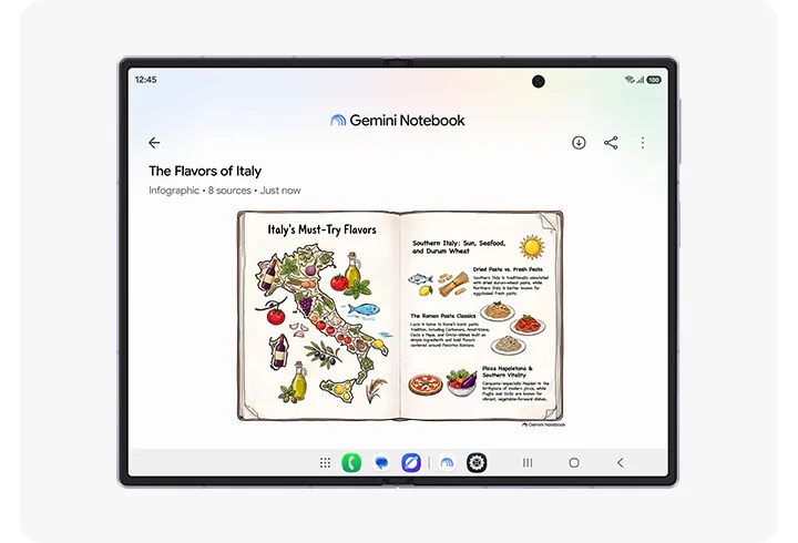 갤럭시 Z 폴드8의 Gemini Notebook 기능은 사진, 문서 등을 모아 인포그래픽, 오디오 개요 등 맞춤형 콘텐츠를 제작할 수 있습니다.