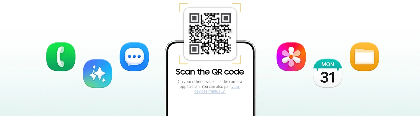 갤럭시 S26 FE가 정면에 나타납니다. 화면 위에는 QR 코드가 표시됩니다. 화면에는 다른 기기의 카메라로 QR 코드를 스캔하거나 기기를 직접 연결하라는 안내가 표시됩니다. 기기 주변에는 다양한 앱 아이콘이 떠오르며, 데이터를 손쉽게 전송하는 연출이 이어집니다.